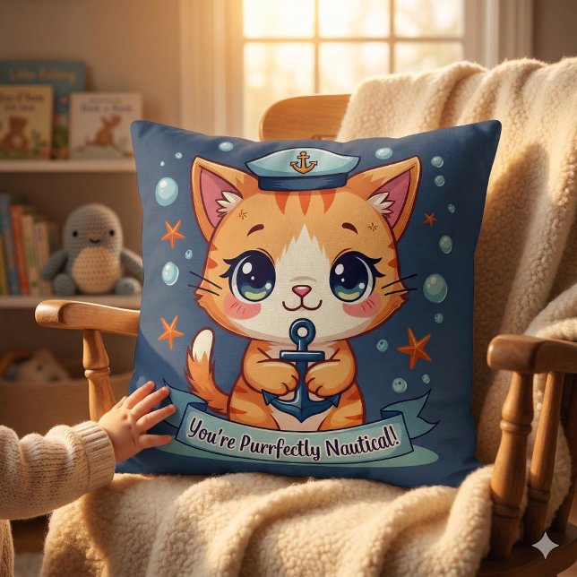 Coussin Kawaii Nautical Cat Ancre Pun (Kawaii Nautical Cat Sailing Anchor Pun Throw Pillow Mockup D)