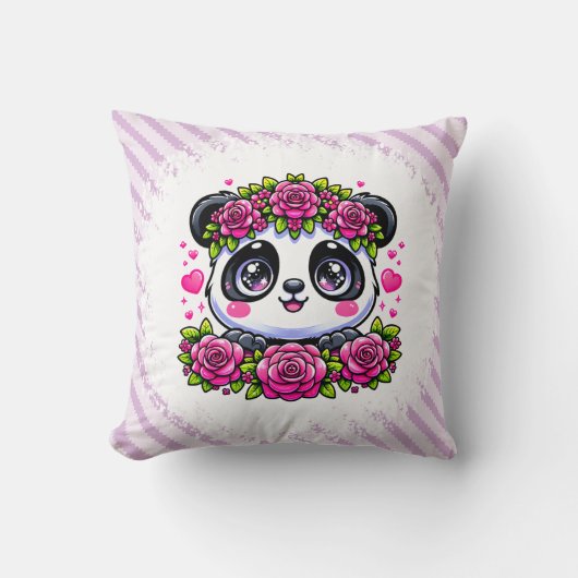Coussin Kawaii Panda avec coeur et Rose (Recto)