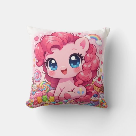 Coussin Kawaii Pink Pony Chibi Art Throw Pillow (Recto)