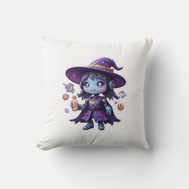 Coussin Kawaii Robot Witch Girl Cute Magique Tech Décor (Recto)