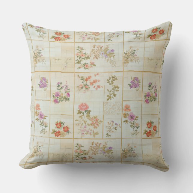 Coussin Kimono Floral Japonais Ancien Patchwork (Recto)