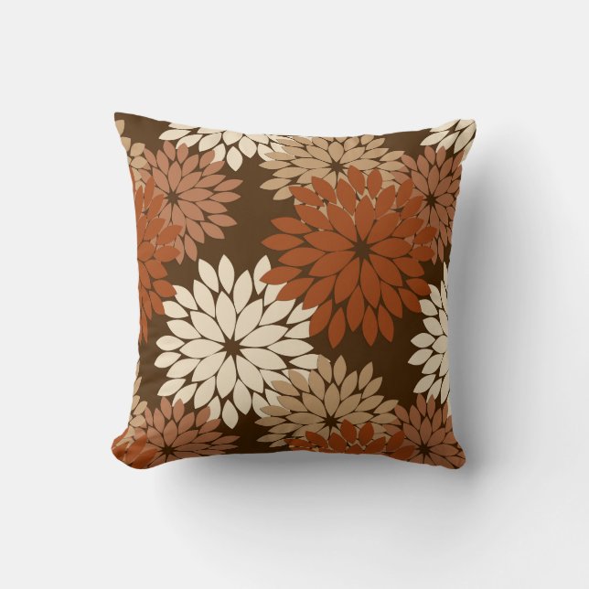 Coussin Kimono floral moderne imprimé, Brown foncé et Tan  (Recto)