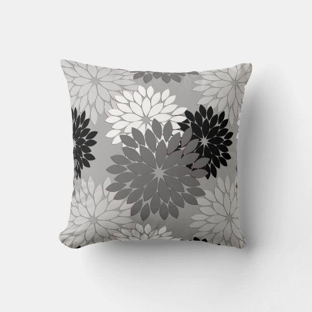 Coussin Kimono floral moderne Imprimer, gris, noir et blan (Recto)