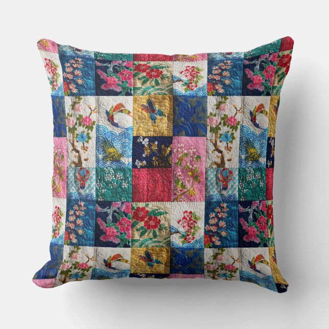 Coussin Kimono japonais vintage brodé look Patchwork (Recto)