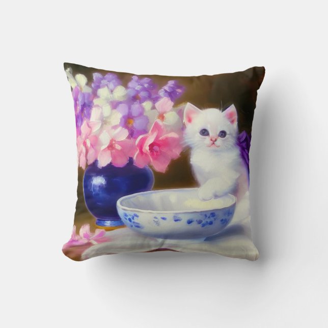 Coussin Kitten blanc vintage avec ruban violet (Recto)