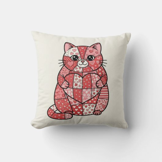 Coussin Kitten Patchwork Fantaisiste Tenant un Cœur d'Art (Recto)