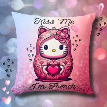 Coussin Kitty doll Kiss me I’m French pink glitter