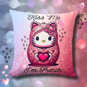 Coussin Kitty doll Kiss me I’m French pink glitter