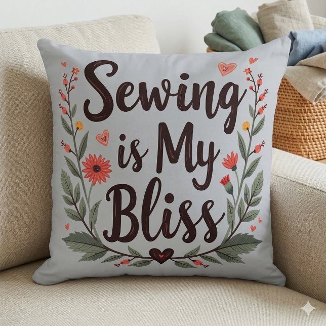 Coussin La couture est mon bonheur Typographie florale (Sewing Is My Bliss Floral Typography Throw Pillow Mockup A)