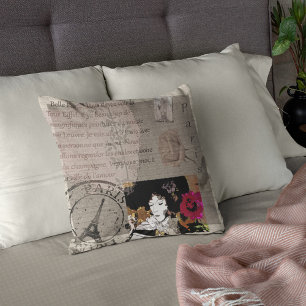 Coussin La Dame de Paris avec collage Casquette rose