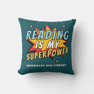 Coussin La lecture cool est mon coin bibliothèque Superpow