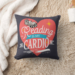 Coussin La lecture est mon cardio Raton laveur à cœur roug