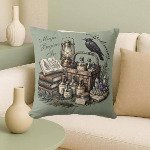Coussin La magie commence dans l'art de raven Dark Academi