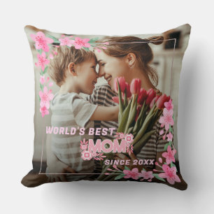 Coussin LA MEILLEURE MOM DU MONDE JAMAIS Photo Floral Text