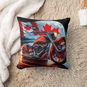 Coussin La moto brille avec le drapeau canadien la nuit