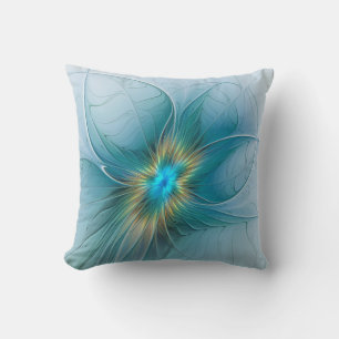 Coussin La petite fleur fractale moderne bleu or Beauty