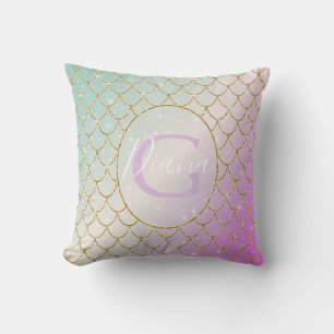 Coussin La Petite Sirène. balance d'or sur rose, turqu