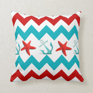 Coussin La plage nautique Chevron turquoise rouge ancre