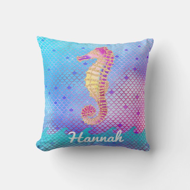 Coussin La sirène d'hippocampe mesure le nom bleu rose (Recto)