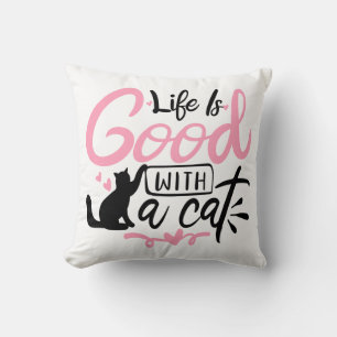 Coussin La vie est Bonne Chat Chaton Cadeau Blanc Rose Cha