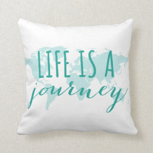 Coussin La vie est un voyage, carte turquoise du monde