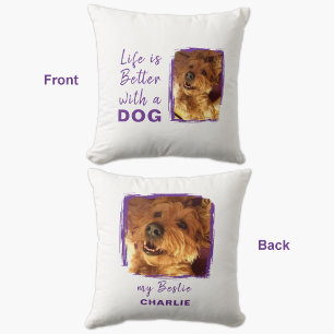 Coussin La vie meilleur chien 2 photo nom blanc violet