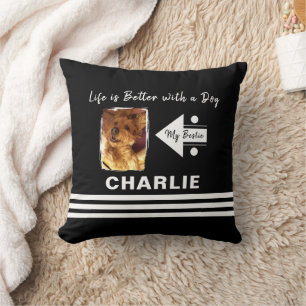 Coussin La vie meilleur chien ajouter nom photo noir blanc