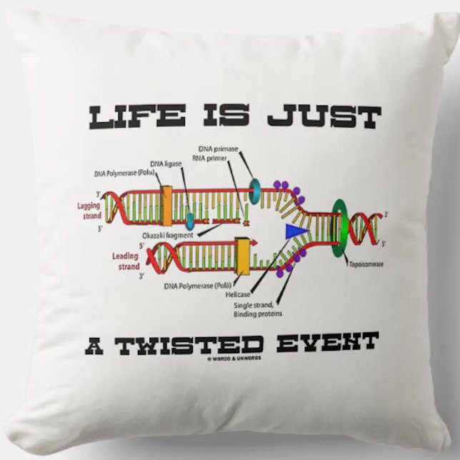 Coussin La Vie N'Est Qu'Un Humour De Réplication De L'ADN  (Throw pillow featuring DNA replication for anyone who views life as just a twisted event!)