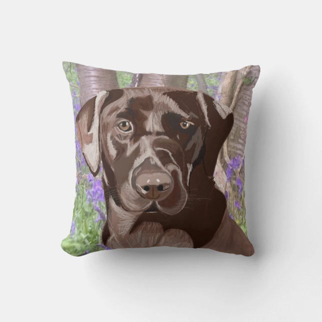 Coussin Labrador Brown au chocolat dans un bois bleu (Recto)