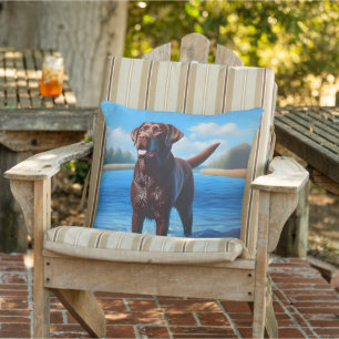 Coussin Labrador chocolat et lac Bleu