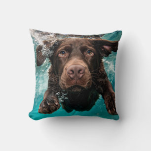 Coussin Labrador chocolat joueur nageant sous l'eau