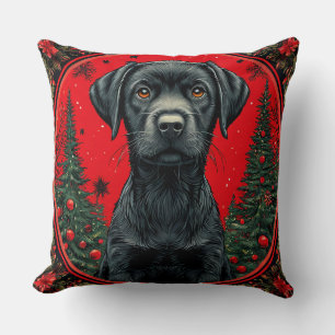 Coussin Labrador noir de Noël avec des arbres de fête