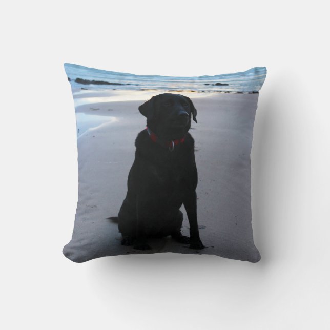 Coussin Labrador noir sur une plage (Recto)