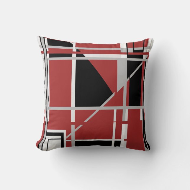 Coussin Labyrinthe Abstrait Noir Gris Blanc sur Fond Rouge (Recto)