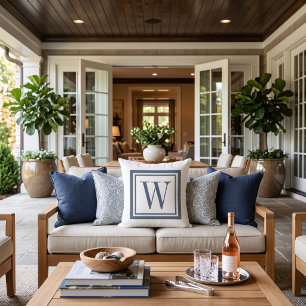 Coussin Lac Bleu et Blanc Classique Monogramme Carré