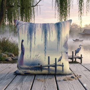Coussin Lac de Fantaisie Serein avec Saule et Héron
