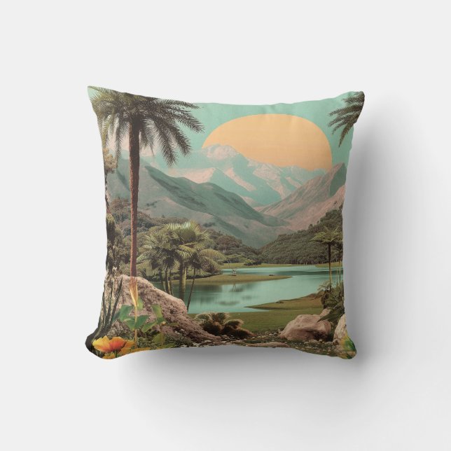 Coussin Lac Tropical Surreal Avec Palmiers (Recto)