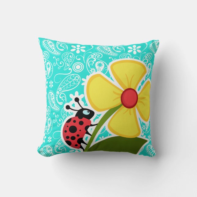 Coussin Ladybug sur Aqua Color Paisley; Floral (Recto)