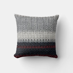 Coussin Laine de tricot : rouge, rayures blanches.