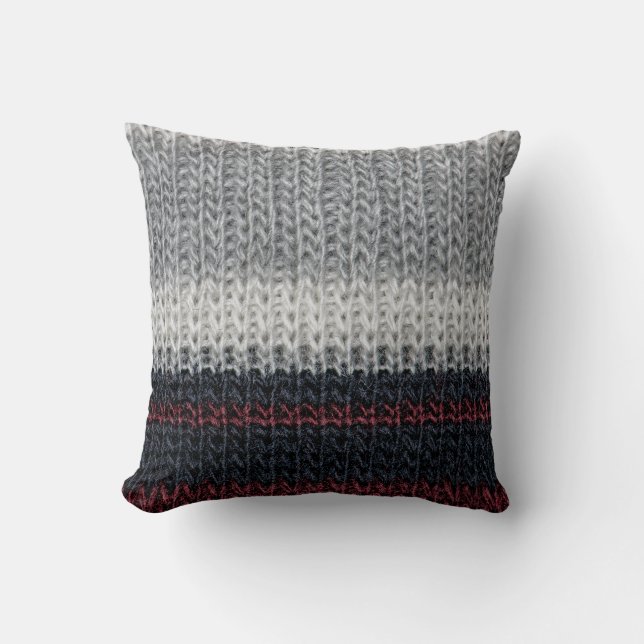 Coussin Laine de tricot : rouge, rayures blanches. (Recto)