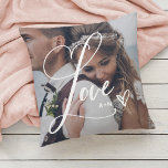 Coussin L'amour dans un script élégant | Deux photos avec<br><div class="desc">Ce magnifique coussin présente le mot "Amour" dans un élégant script de calligraphie tourbillonnant, avec deux de vos photos préférées et un coeur griffé manuscrit. Vous pouvez ajouter vos initiales ou votre monogramme, ou le nom de tout être cher comme votre mère, votre grand-mère, votre famille ou votre conjoint. Fait...</div>