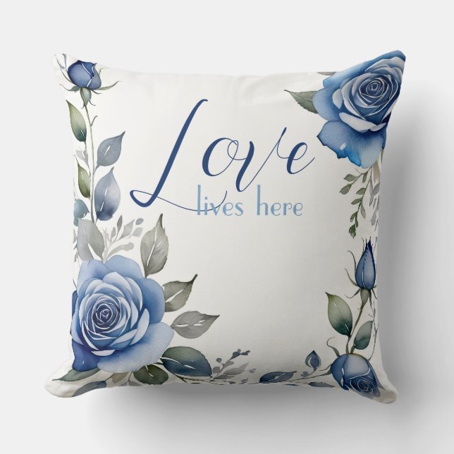Coussin L'amour vit ici - roses bleus (Recto)