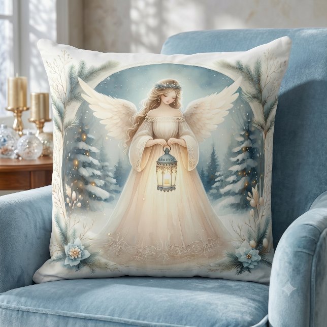 Coussin L'ange céleste d'hiver Lanterne de l'Espoir (Celestial Winter Angel Lantern of Hope Throw Pillow)