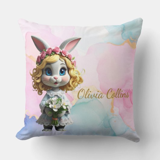 Coussin Lapin à nom personnalisé avec des fleurs (Recto)