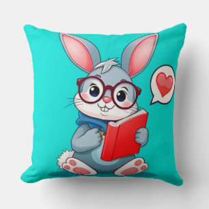 Coussin Lapin adorable portant des lunettes lisant un livr