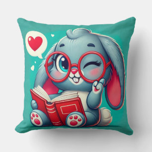 Coussin Lapin adorable portant des lunettes lisant un livr