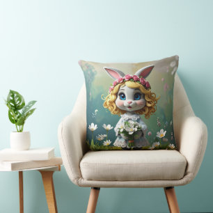Coussin Lapin aux grands yeux bleus tenant un bouquet blan