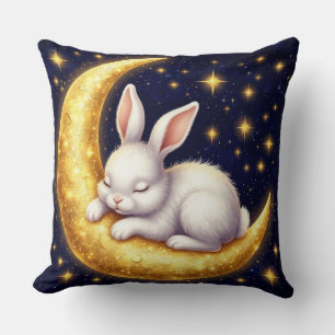 Coussin Lapin Blanc Endormi Sur un Croissant de Lune Doré