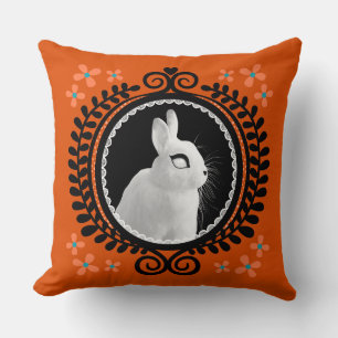 Coussin Lapin Blanc Étrange: Orange, Turquoise et Noir