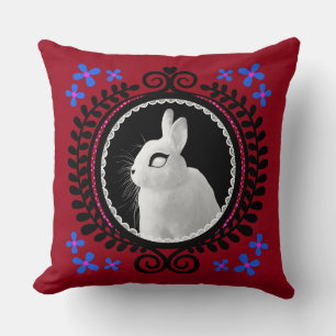 Coussin Lapin Blanc Étrange: Rouge, Bleu, Rose & Noir
